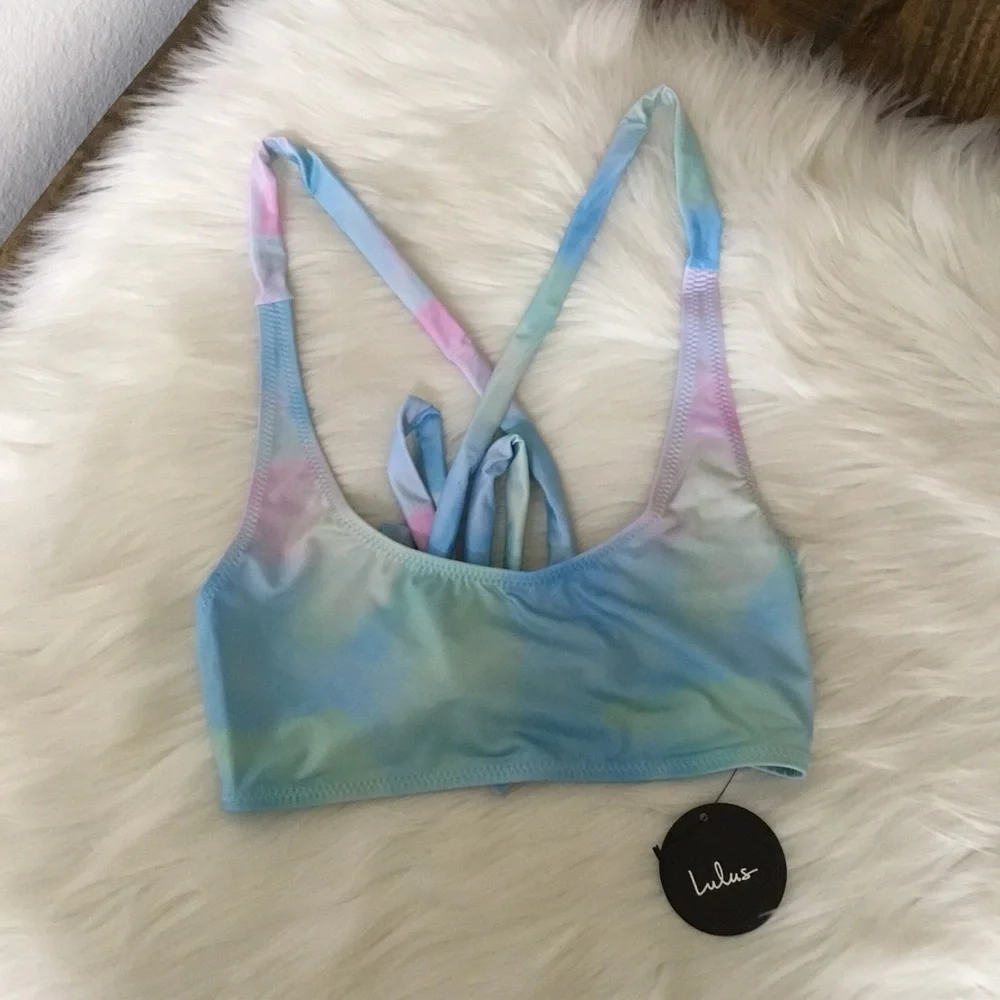Lulus Wave Crest Blue Tie Dye Scoop Neck Bikini Top Size Medium